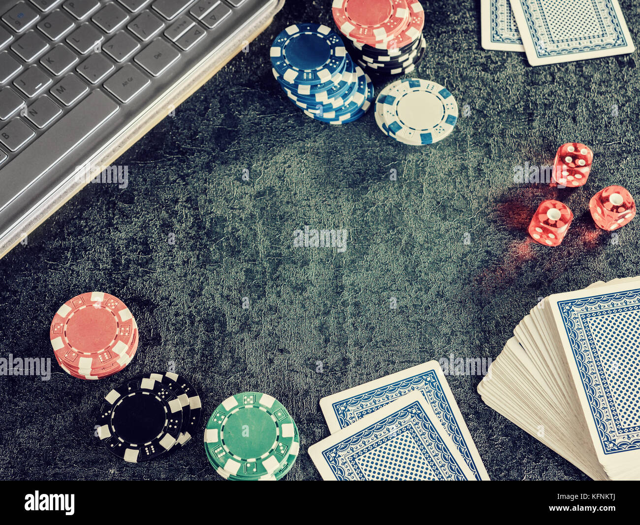 Set of poker chip or counter with card, dice computer. Player open card in table. Gambling game