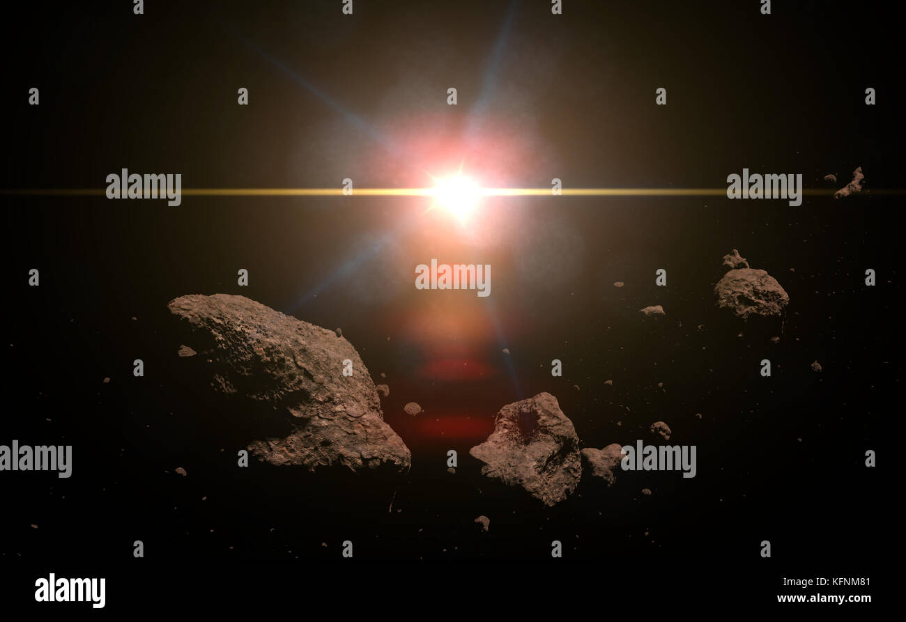 a swarm of asteroids lit by the bright Sun (3d illustration) Stock Photo