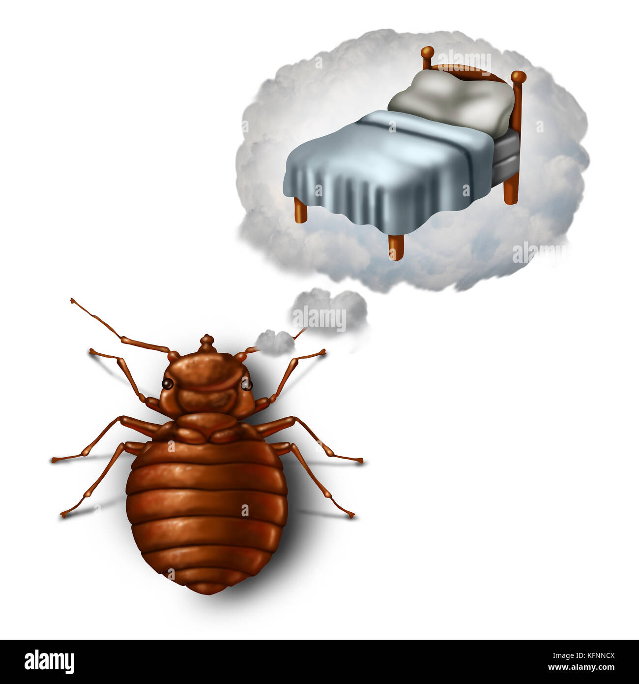 Bed bug dreaming or nightmare and bedbug worry concept as a parasitic insect pest imagining in a dream bubble a pillow and sheets as a symbol. Stock Photo