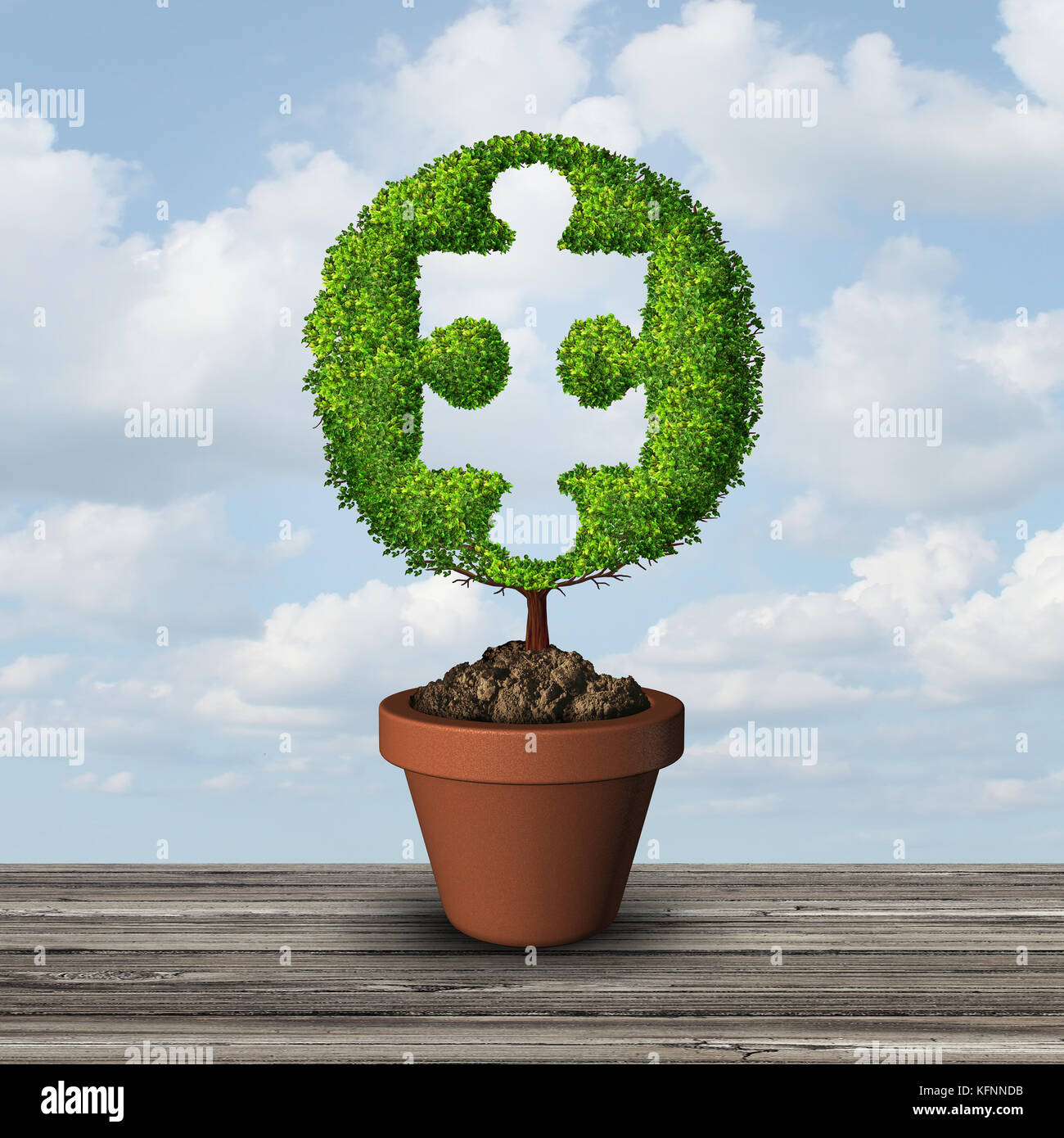 Growth consulting solution idea as a growing tree shaped as a jigsaw puzzle piece with 3D illustration elements. Stock Photo