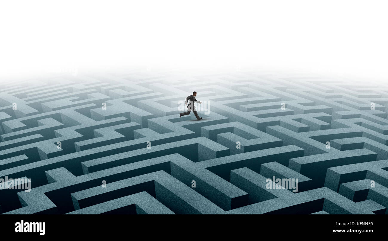 Smart strategy and efficient creative determination concept as a clever businessman moving forward on top of a complicated maze. Stock Photo
