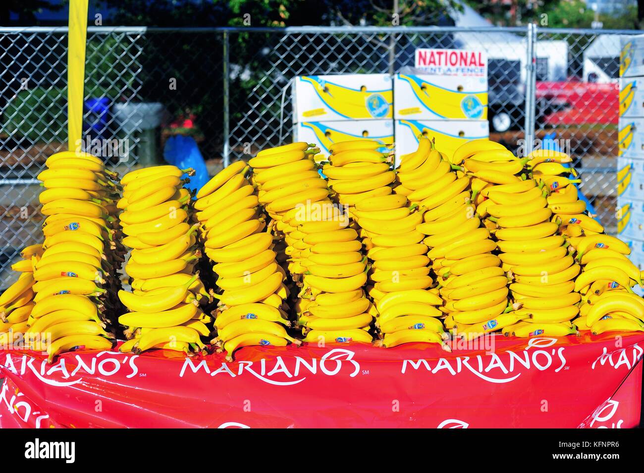 Mountains of bananas stacked and waiting for runners that finish the 2017 Chicago Marathon. Chicago, Illinois, USA. Stock Photo