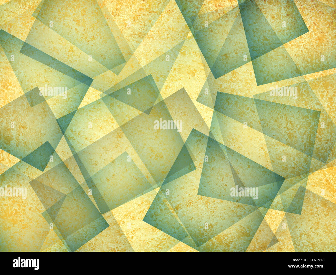 abstract yellow gold background with blue diamond and square shapes, layers of intersecting angles, transparent with intricate texture, interesting mo Stock Photo
