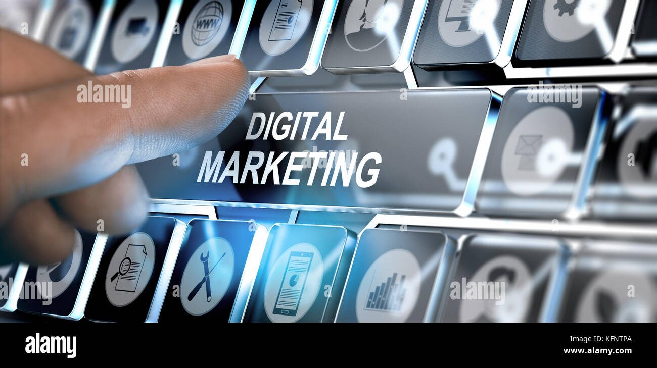 Finger pressing a futuristic interface with the text digital marketing. Concept of online business. Composite between a photography and a 3D backgroun Stock Photo