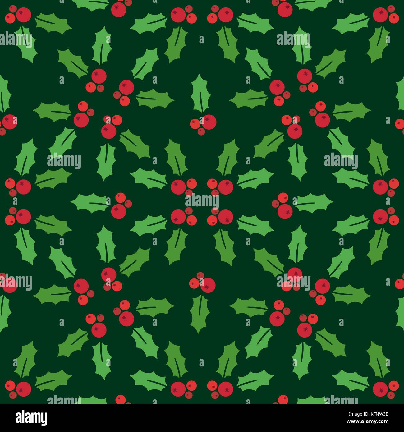 Christmas seamless pattern with holly on a green background. Vector ...