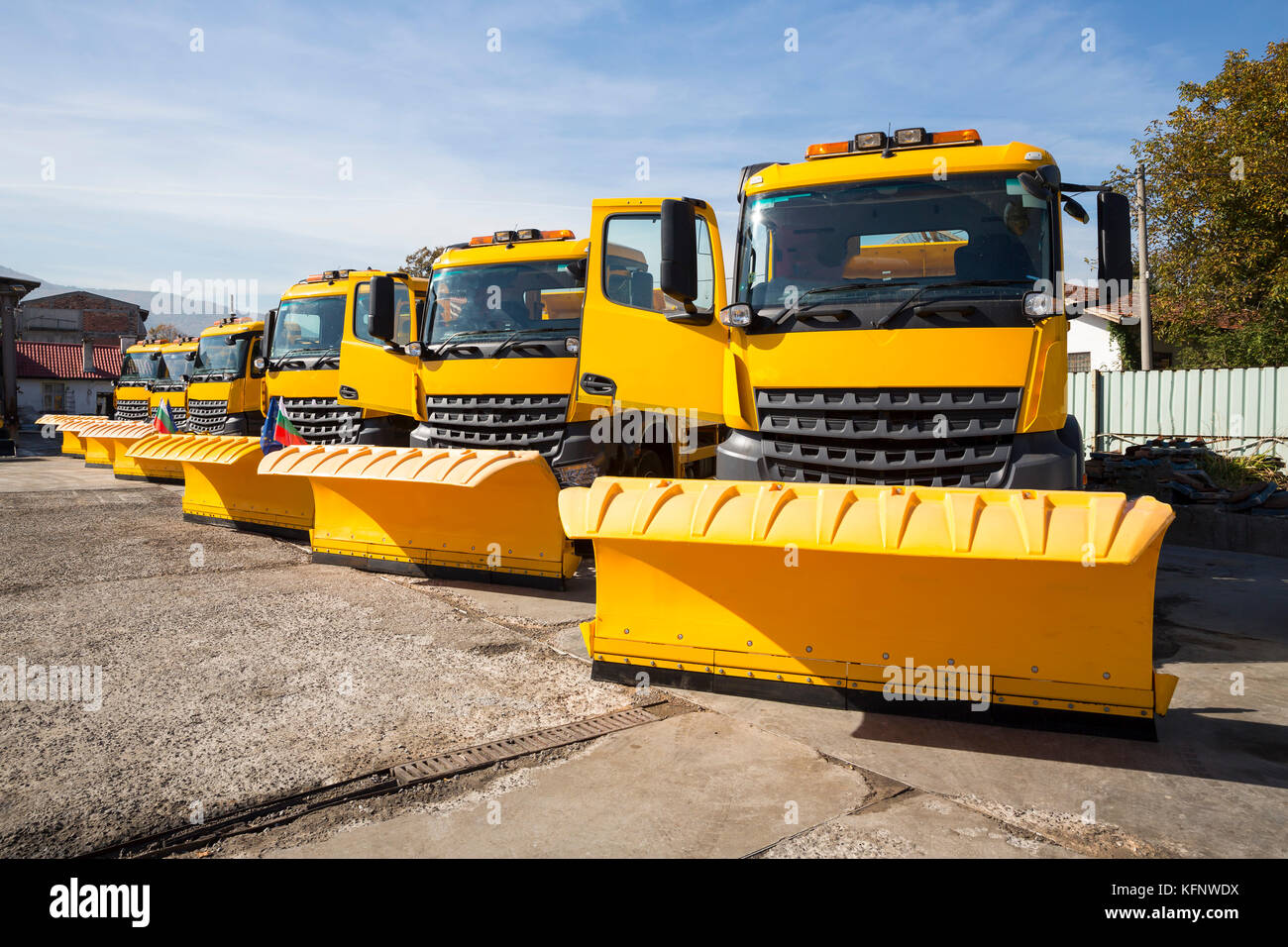 A snowplow (also snow plow, snowplough or snow plough) is a device