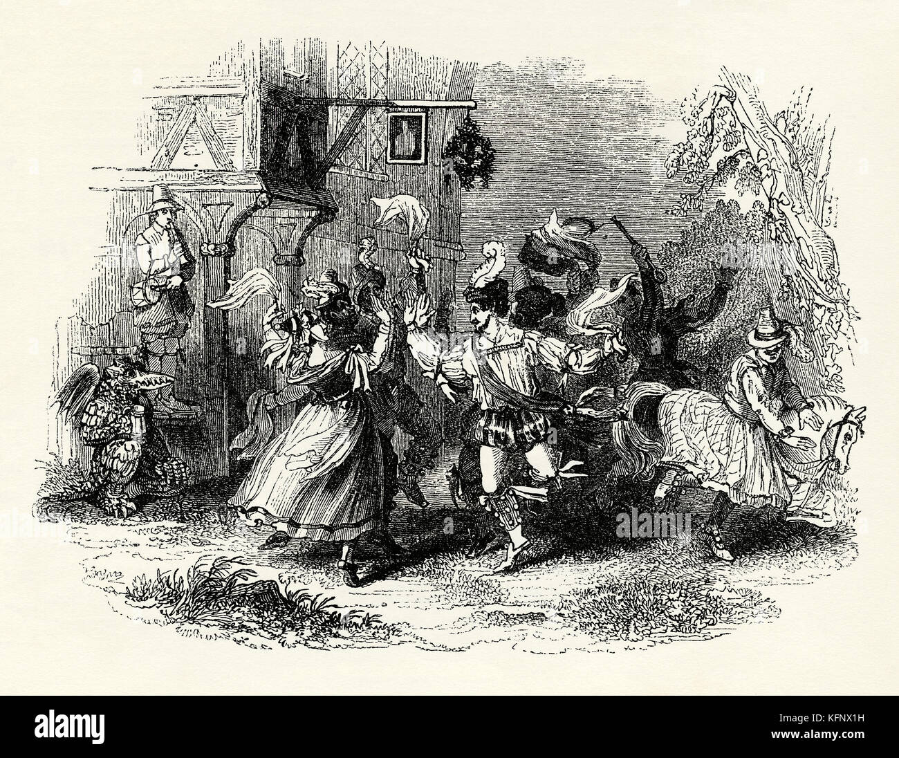 An old engraving of Morris dancing, an early form of English folk dance usually accompanied by music. One man in this illustration wears a hobby horse and a musician is seen on the left Stock Photo