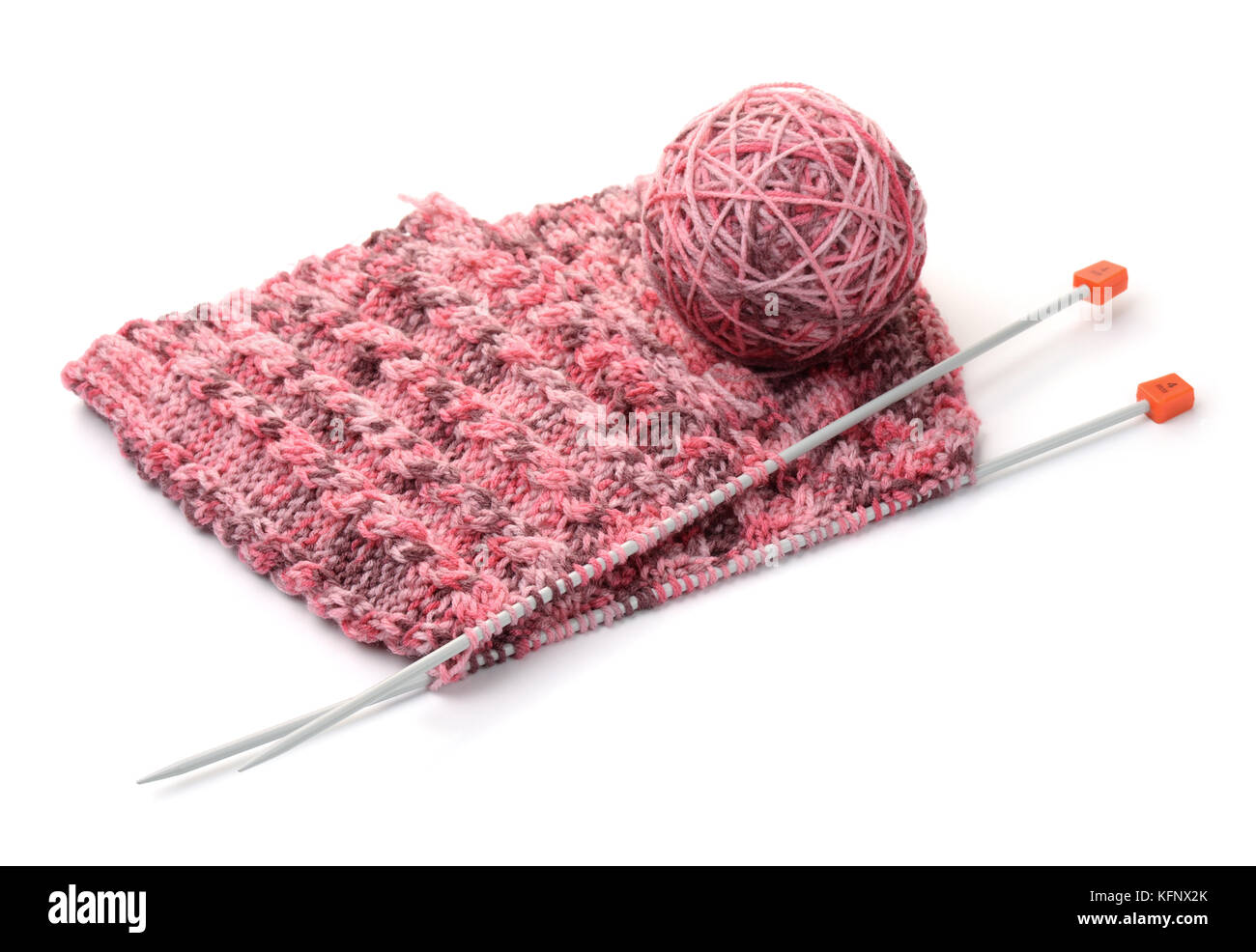 Knitting with needles and yarn ball isolated on white Stock Photo