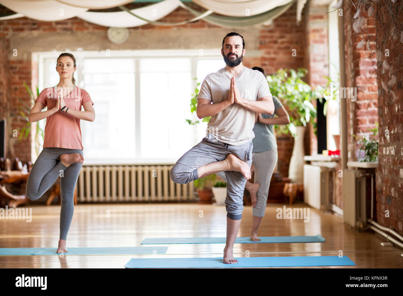 group of people doing yoga tree pose at studio Stock Photo - Alamy