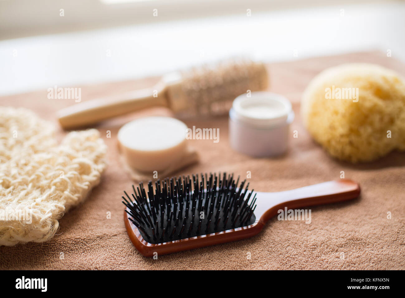 hair brush, cream, sponge, soap bar and bath towel Stock Photo Alamy