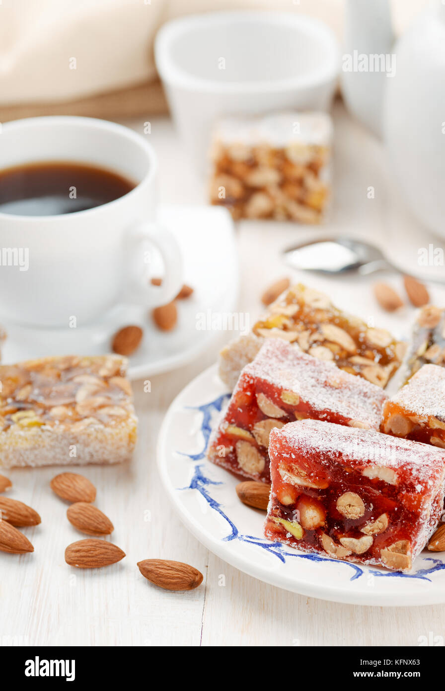 Still life with lokum delight and almonds Stock Photo