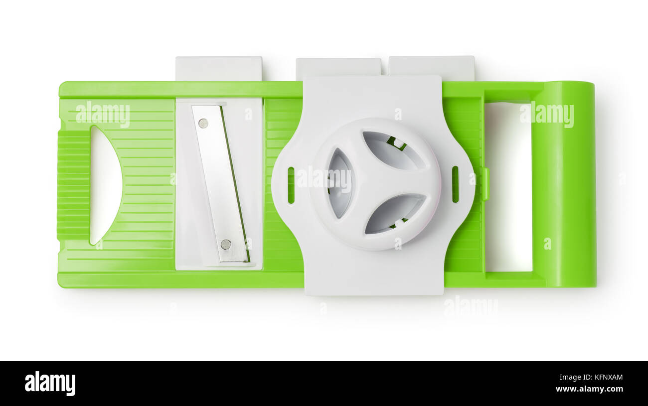 Top view of green plastic vegetable slicer isolated on white Stock