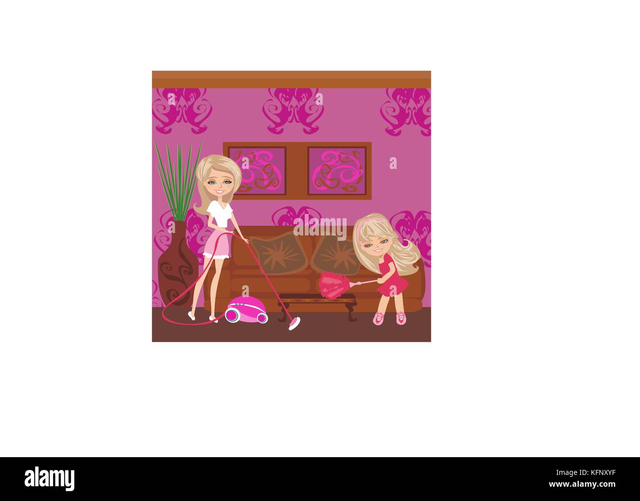 mother and little girl tidying up a room all together Stock Vector
