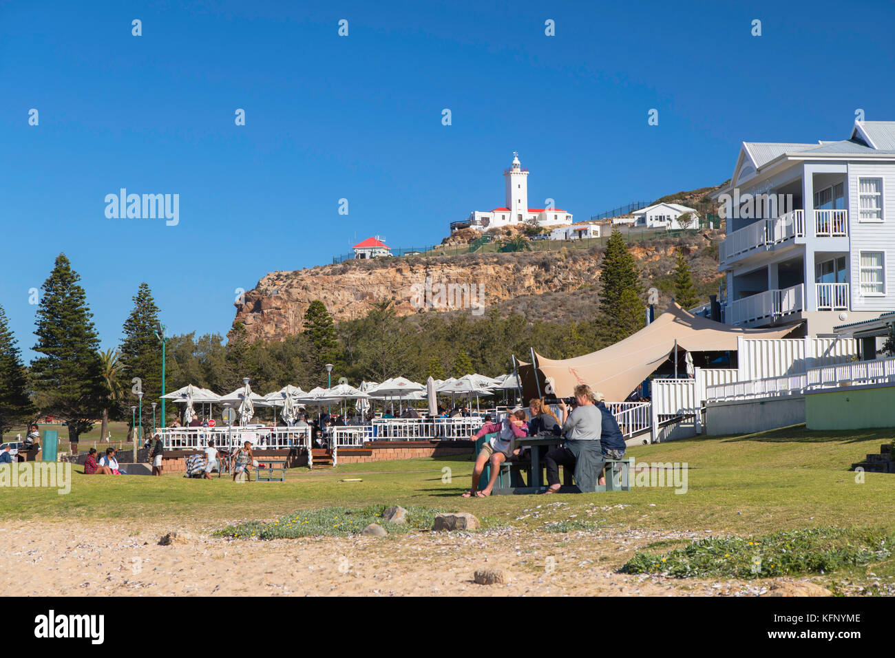Houses and Cape St Blaize lighthouse at The Point, Mossel Bay, Western Cape, South Africa Stock Photo