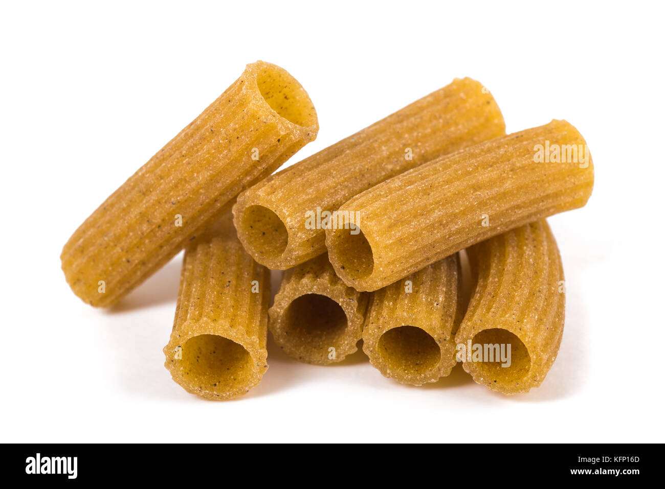 Rustic rigatoni pasta isolated on white background Stock Photo