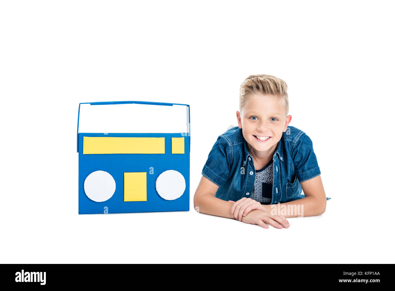 boy with paper tape recorder Stock Photo Alamy
