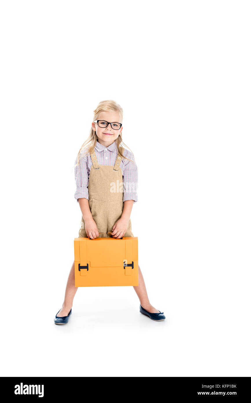 child in eyeglasses with briefcase Stock Photo