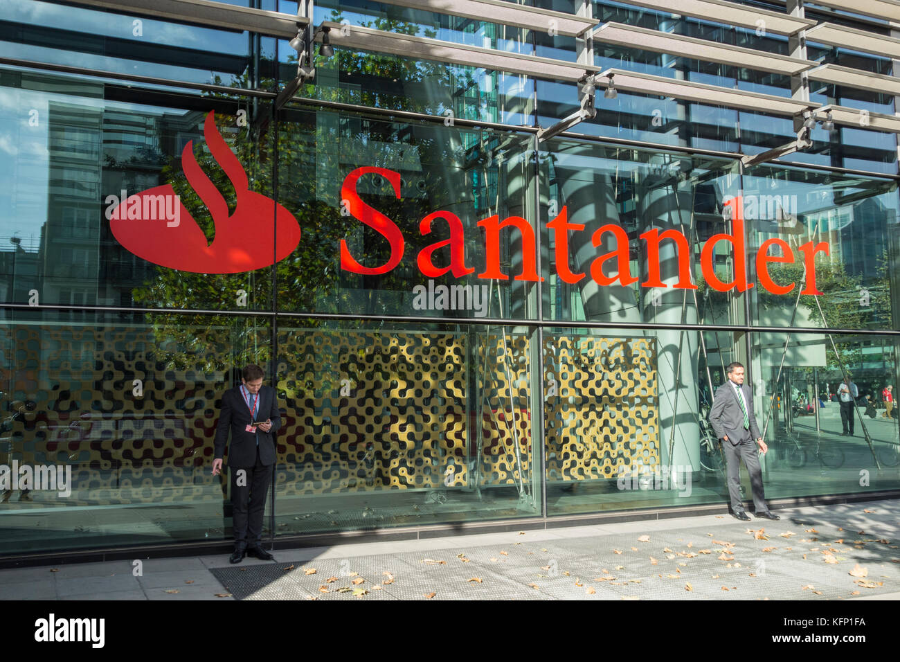 Closeup of colourful Santander Bank signage, Triton Square, Regents Place, Camden, London, NW1, UK Stock Photo
