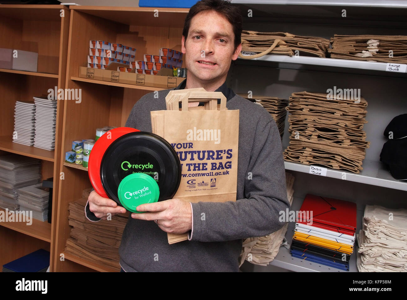 Evan Lewis founder of Everything Environmental Ltd, which makes promotional products from ethical recycled and eco-friendly materials. Stock Photo
