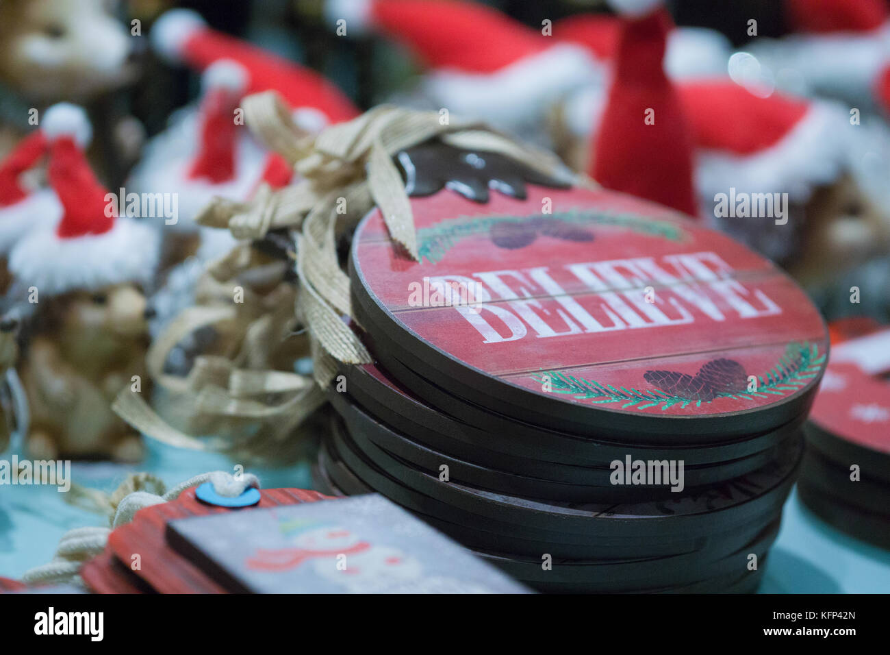 A Christmas display highlighting the word Believe Stock Photo