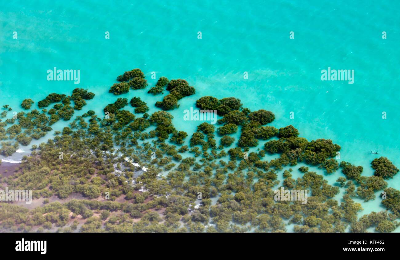 .Aerial view of Broome, North Western Australia as the plane descends for landing on a  hot afternoon in the Wet Season with the mangroves below. Stock Photo