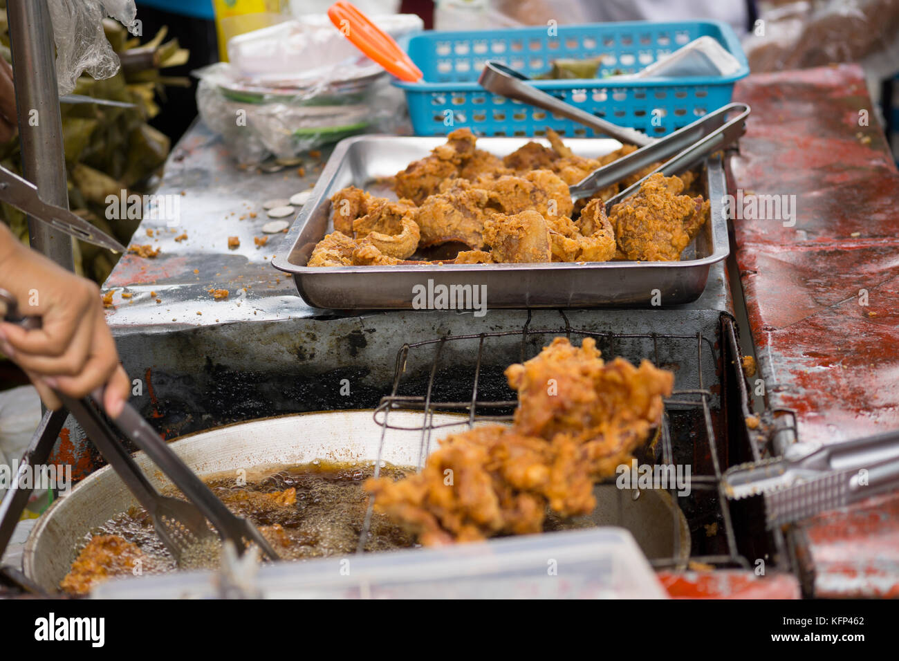 Fried chicken on a street food stall,Cebu City,Philippines Stock Photo
