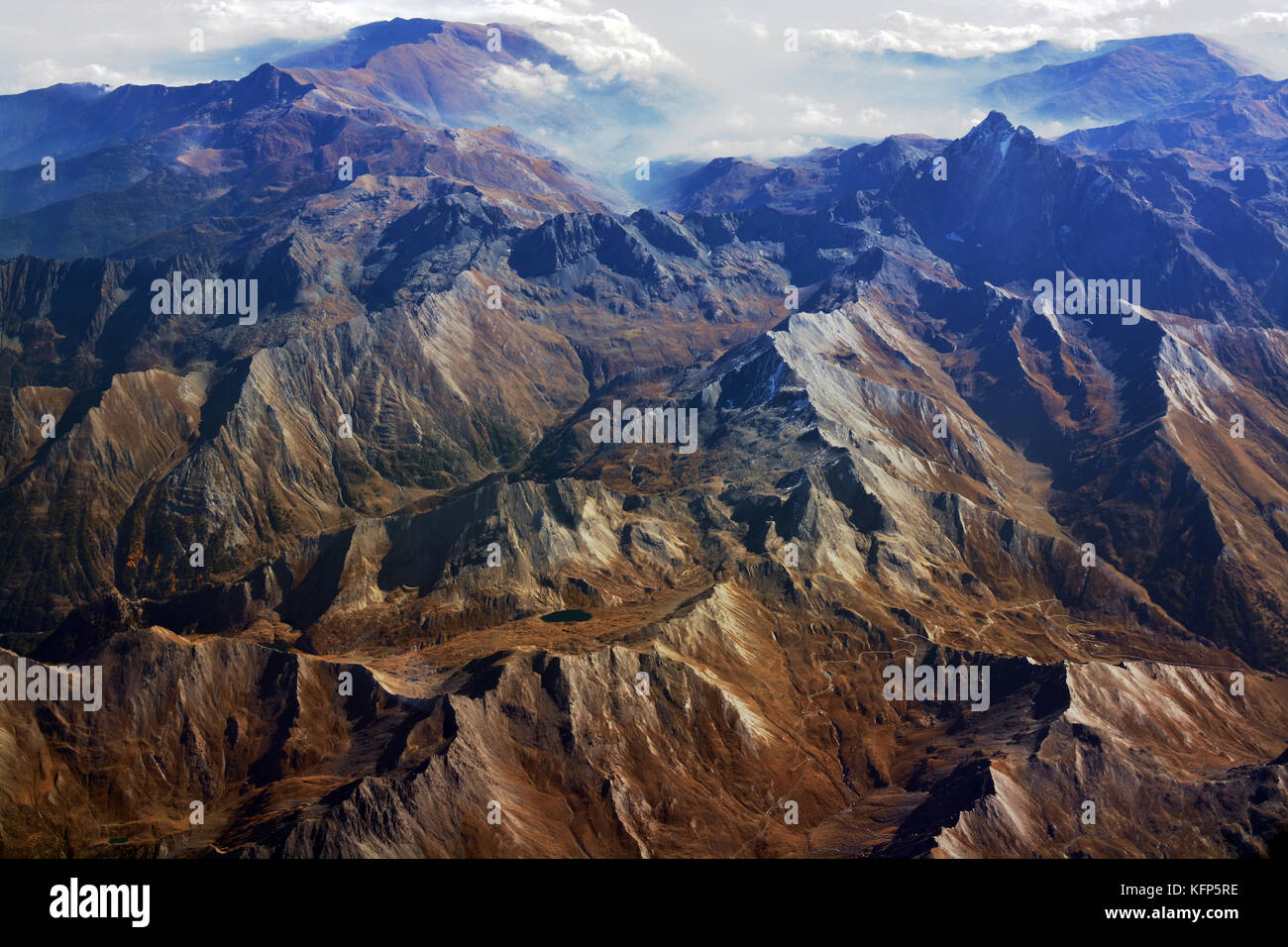 Arial Panorama of European Alps in Autumn spanning France, Italy and Switzerland. Stock Photo