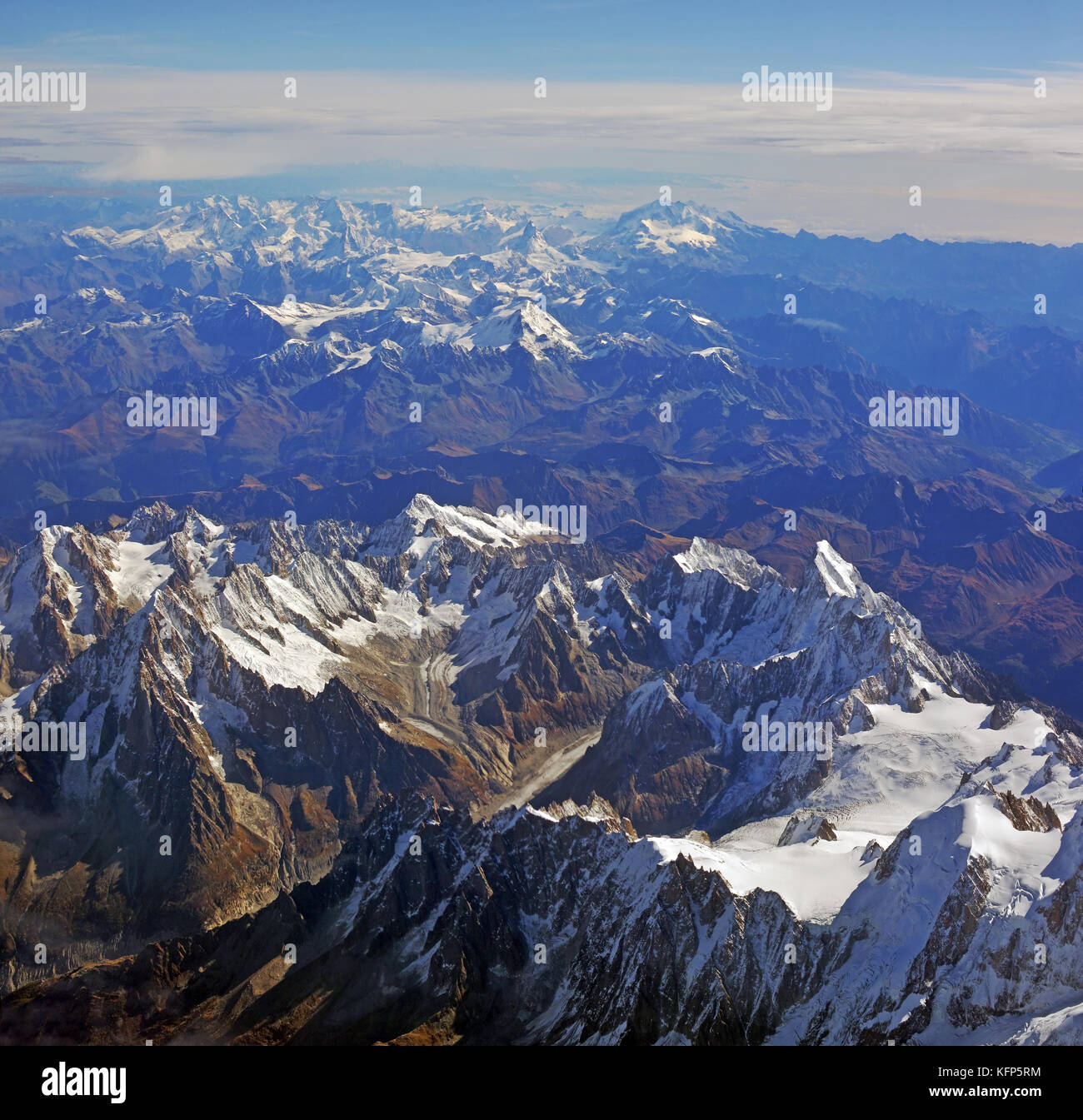 Arial Panorama of European Alps in Autumn spanning France, Italy and Switzerland. Stock Photo