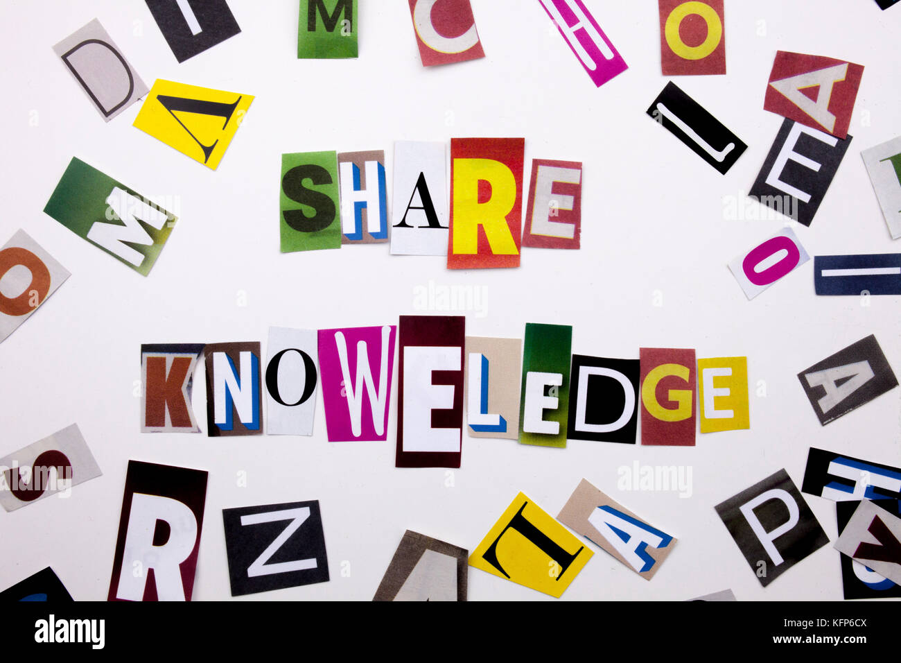 A word writing text showing concept of SHARE KNOWELEDGE made of different magazine newspaper letter for Business case on the white background with spa Stock Photo