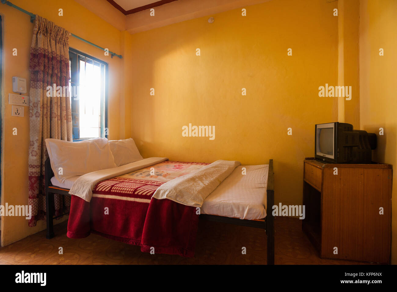 Double bed hotel room in Nepal, a major backpacking destination Stock