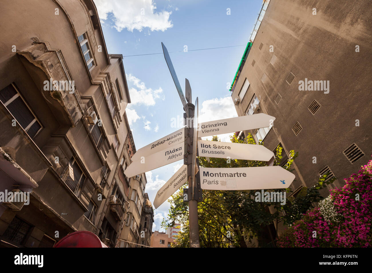 Signs to Grinzing, Montmartre, etc, Skadarlija (Skadarska) Street, Belgrade, Serbia Stock Photo