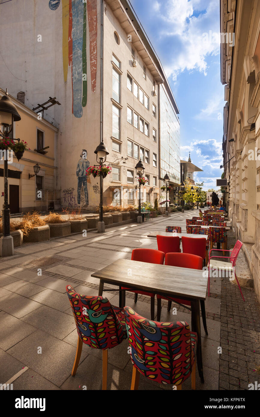 Cafe tables in the Kneza Mihailova (Mihaila) walking street, Belgrade, Serbia Stock Photo