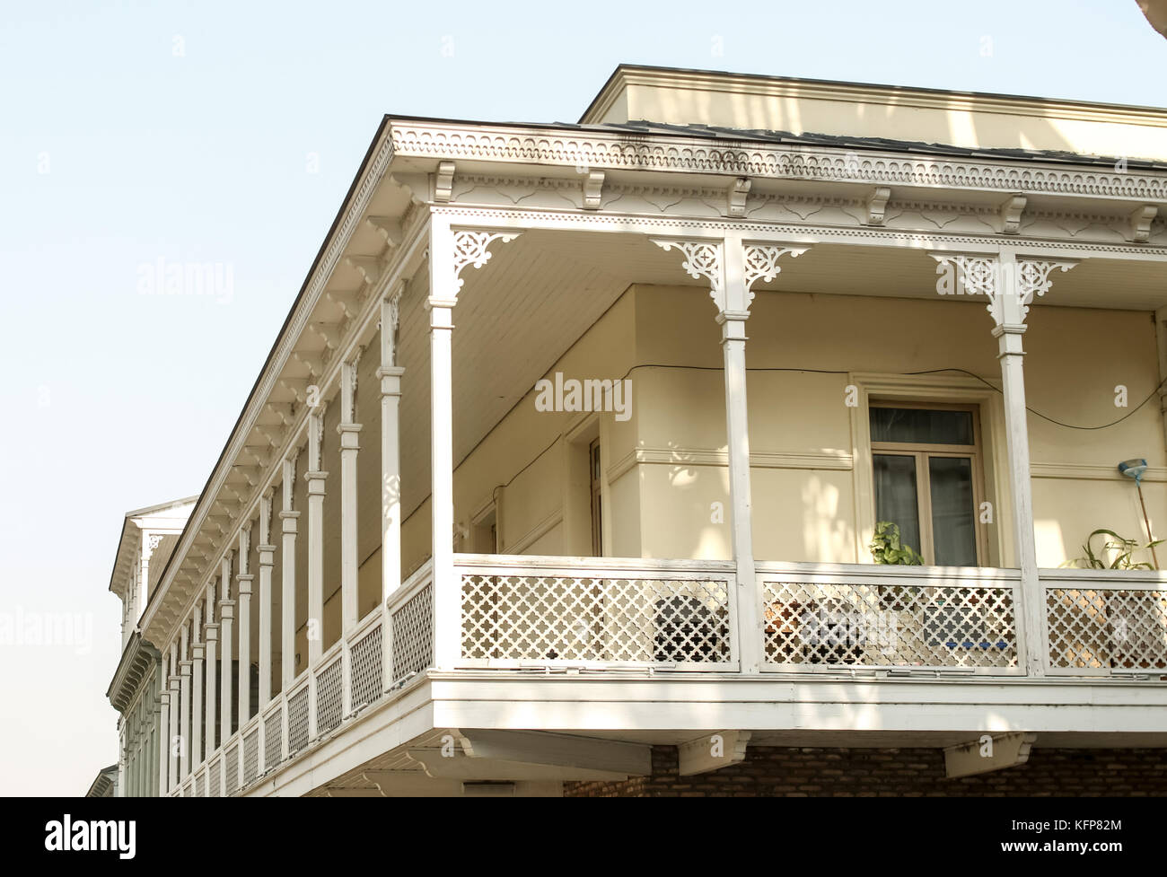 A nostalgic and listed balcony or oriel with carved ornaments. Stock Photo