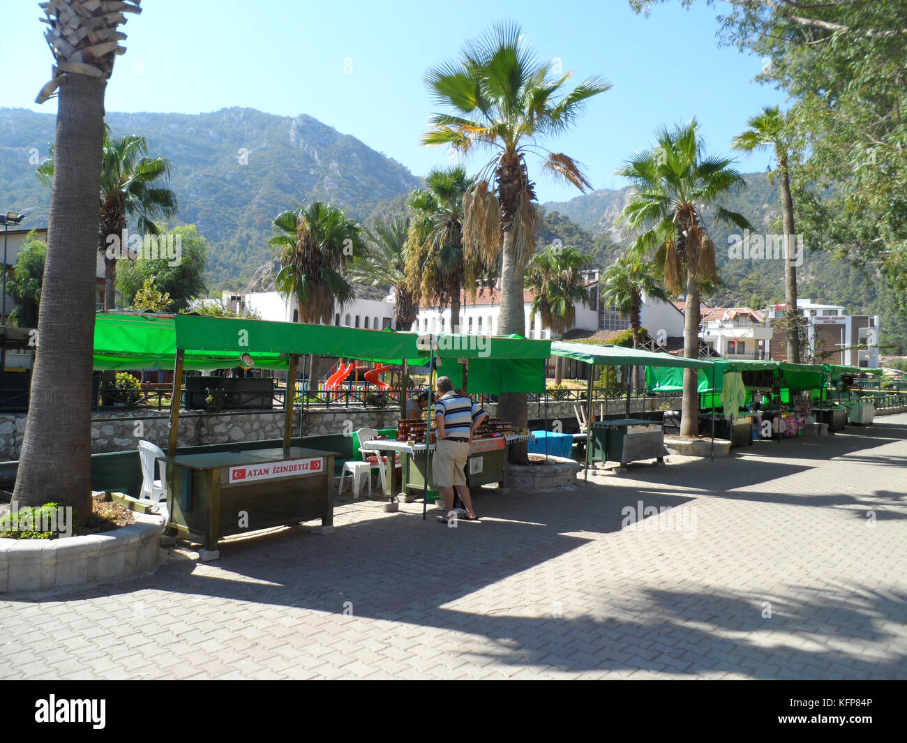 Market stalls in the seaside town of Turunc, Turkey, Europe. Stock Photo