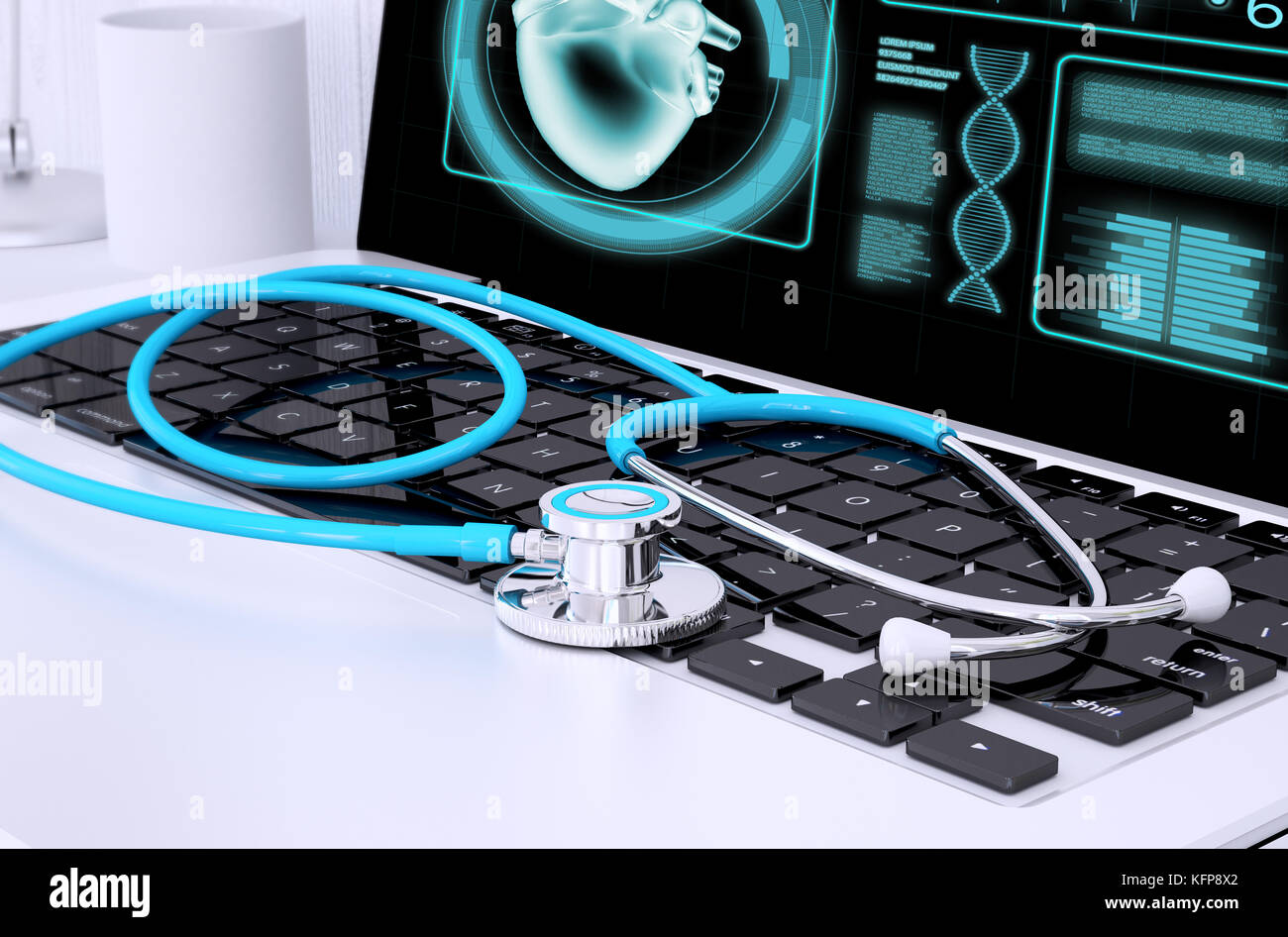 3d rendering of stethoscope on a laptop keyboard with screen showing ...