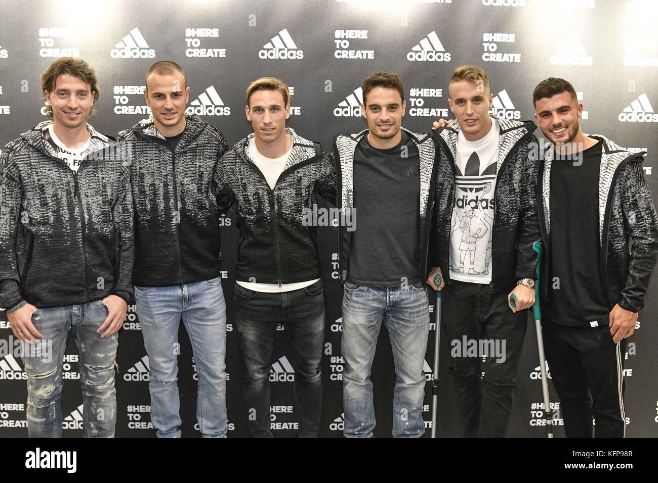 David Beckham opens the largest Adidas store in Italy Featuring: Riccardo  Montolivo, Lucas Belli, Giacomo Bonaventura, Andrea Conti, Patrick Cutrone  Where: Milan, ME, Italy When: 29 Sep 2017 Credit: IPA/WENN.com **Only  available