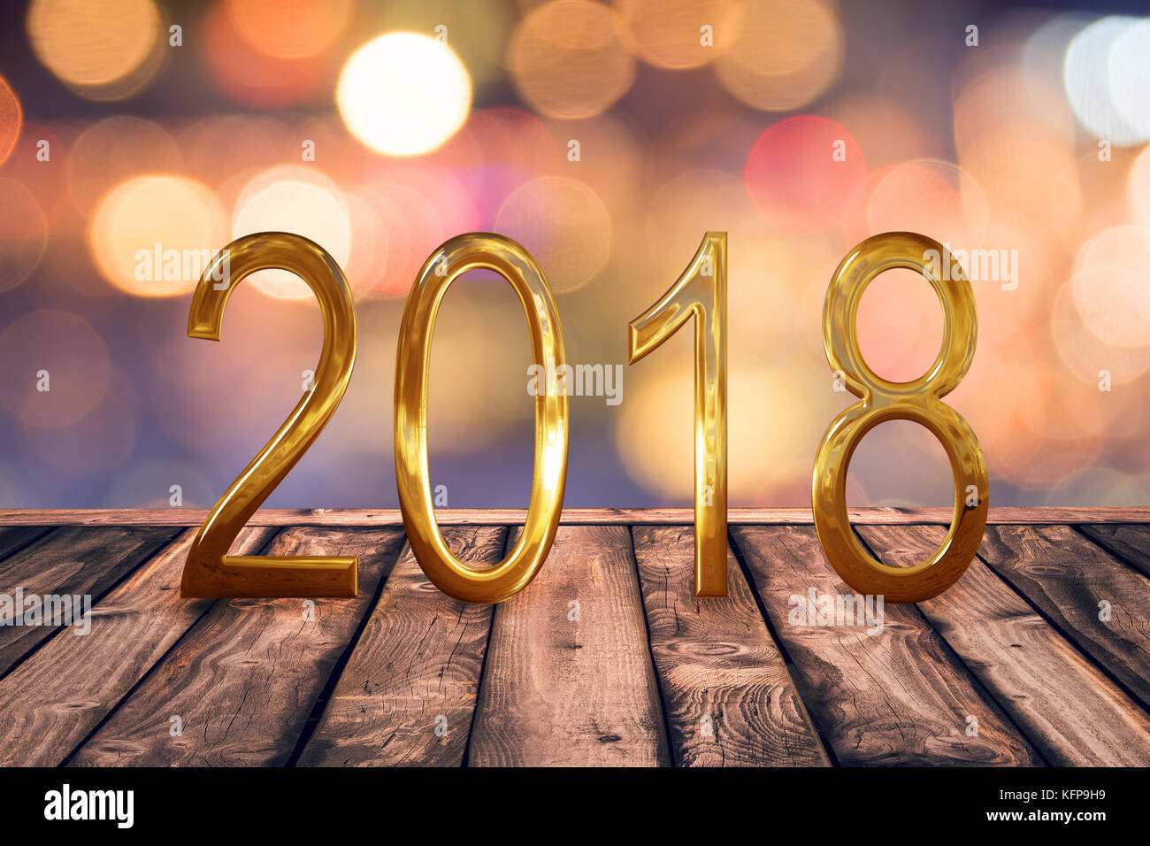 2018, golden numbers on wood table with blurred lights gold bokeh abstract background Stock Photo
