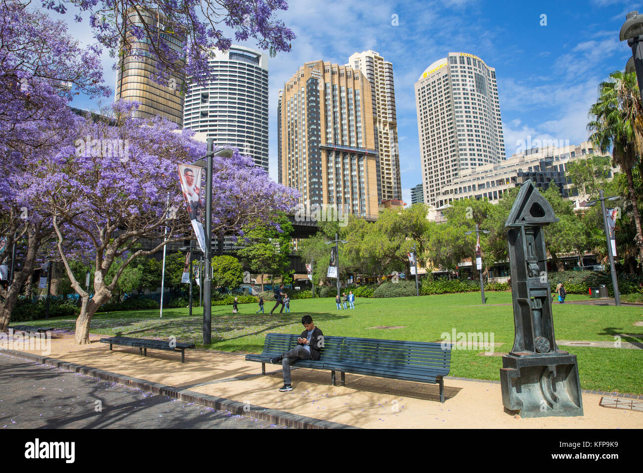 First fleet park in The Rocks Sydney with sculpture The Beacon by