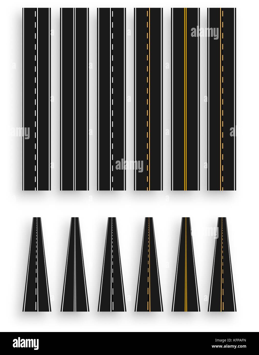 Set of roads with various white and yellow marks on a white background