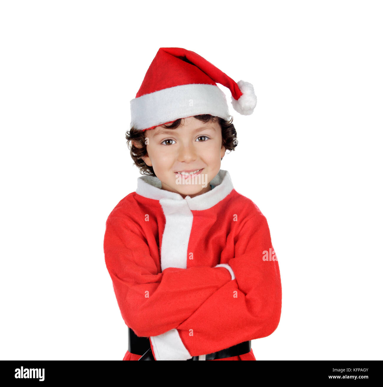 Happy smiling child wearing Christmas clothes isolated on a white
