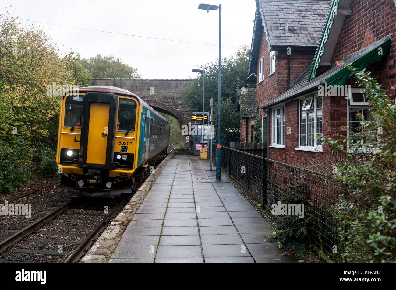 Arriva Trains Wales train at Hopton Heath station on the Heart of Wales Line, Shropshire, UK Stock Photo