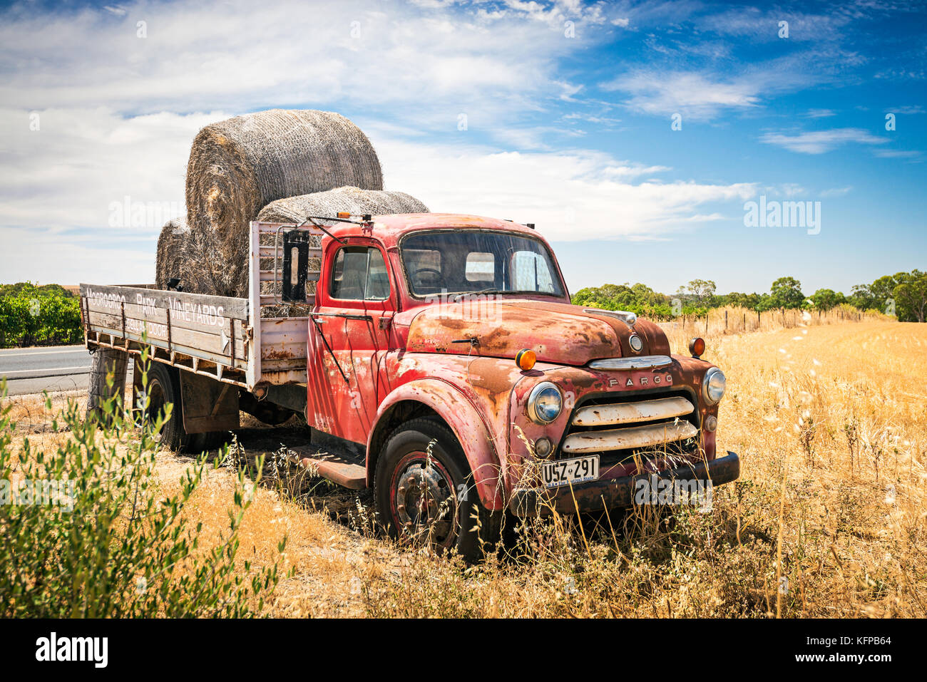 Adelaide, Australia - January 16, 2016: Old abandoned truck with hay near Moorooroo Park Vineyards in Barossa Valley, South Australia Stock Photo
