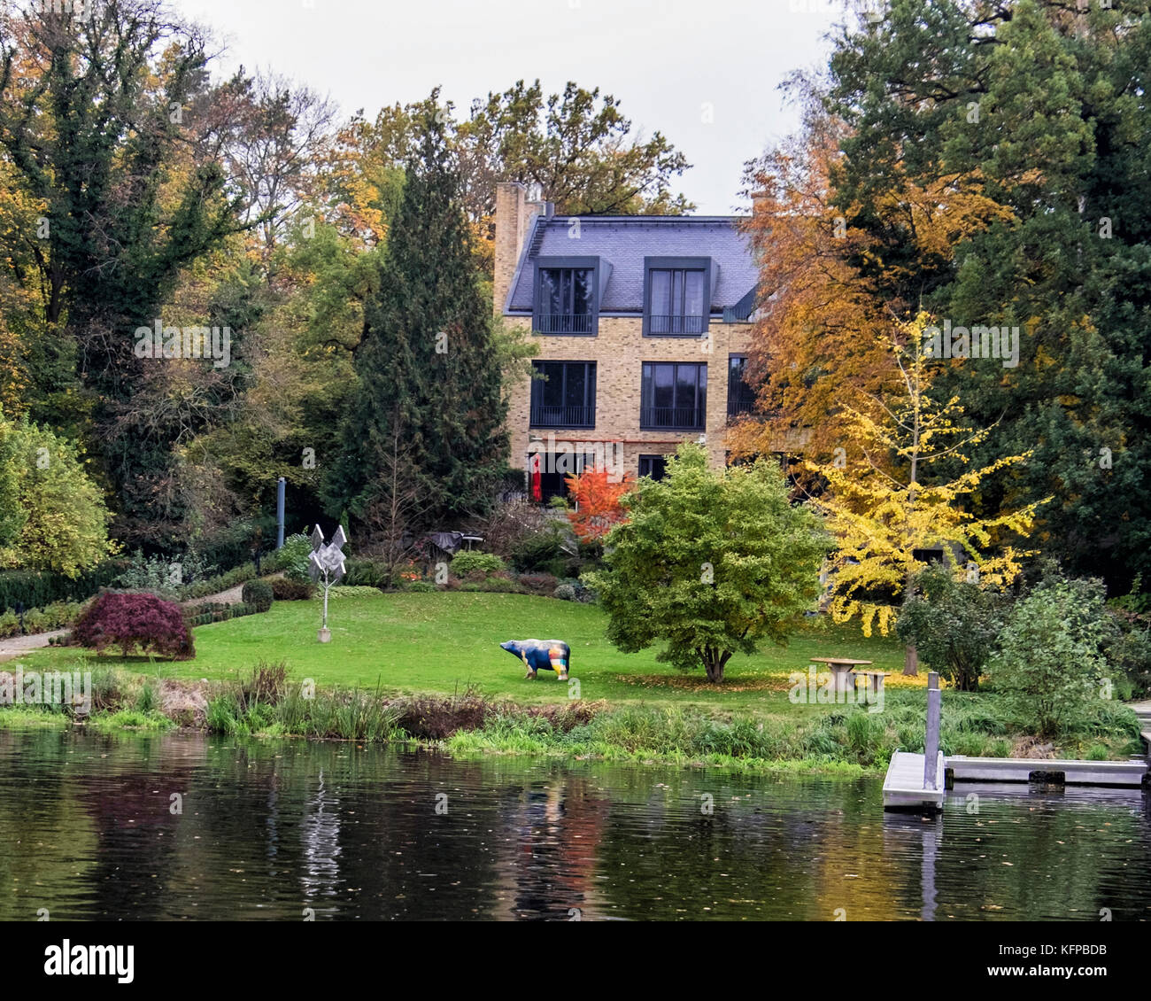 Berlin, Wannsee. Lake side houses with landing srages and mooring for boats. Large luxury homes