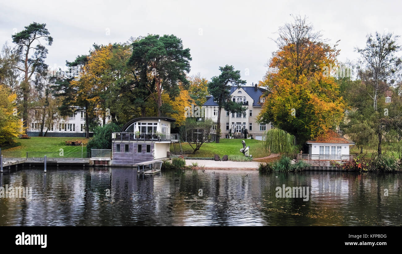Berlin, Wannsee. Lake side houses with landing srages and mooring for