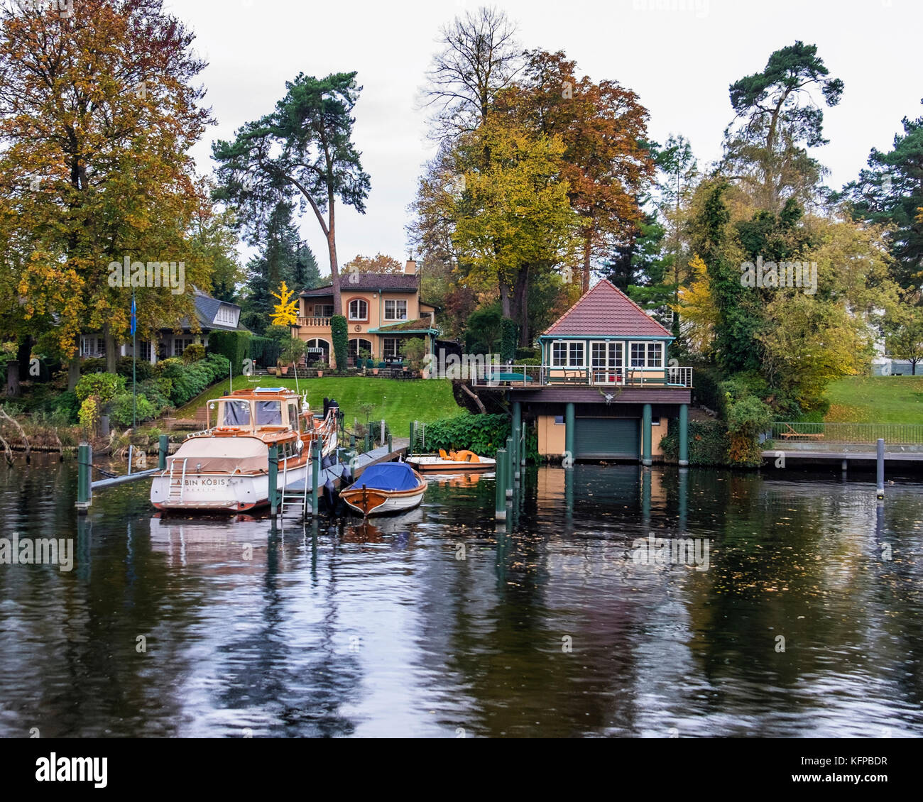 Berlin, Wannsee. Lake side houses with landing srages and mooring for