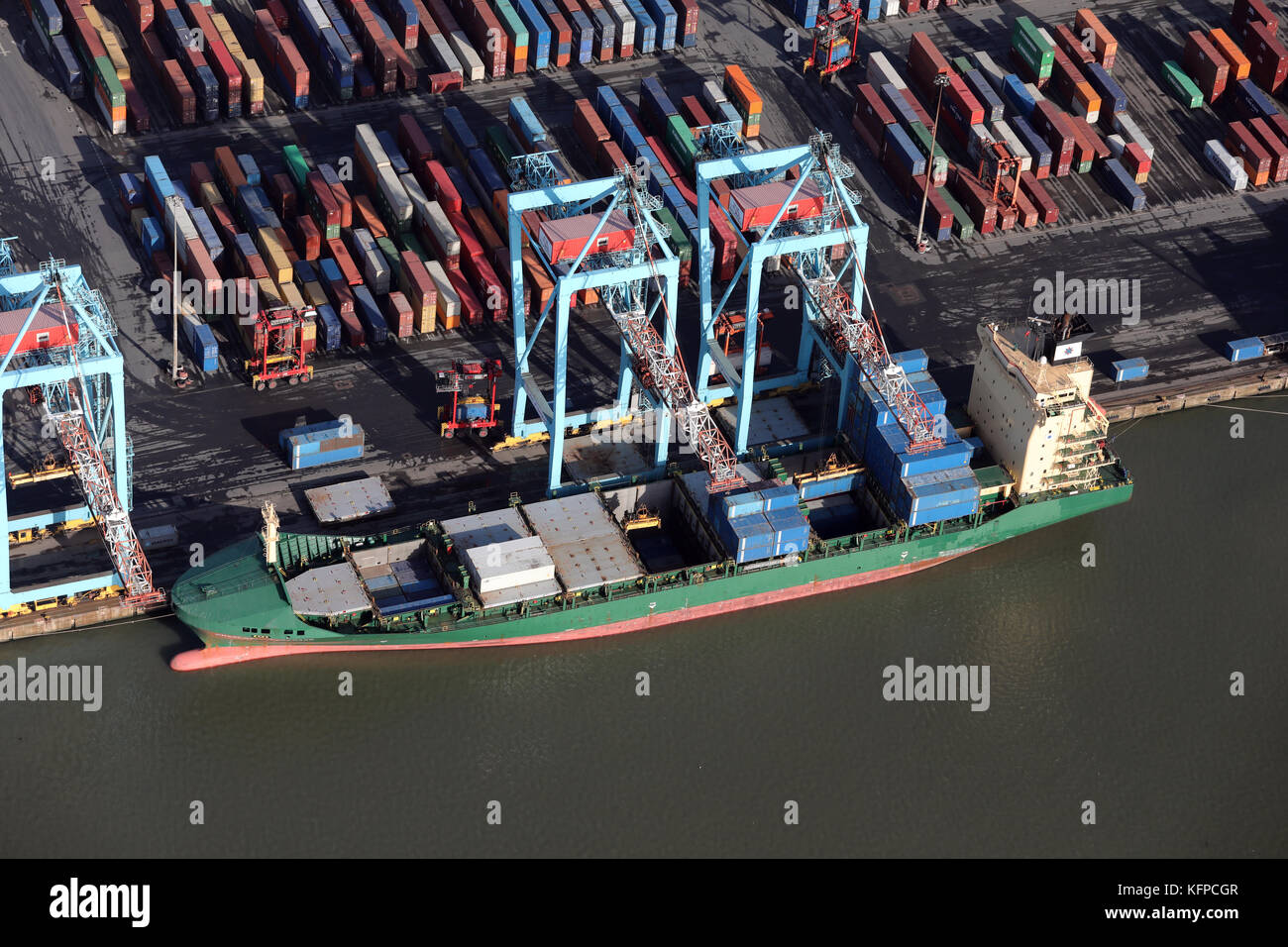 aerial view of Charlotte Borchard at Seaforth Docks, a container terminal, on the River Mersey, UK Stock Photo