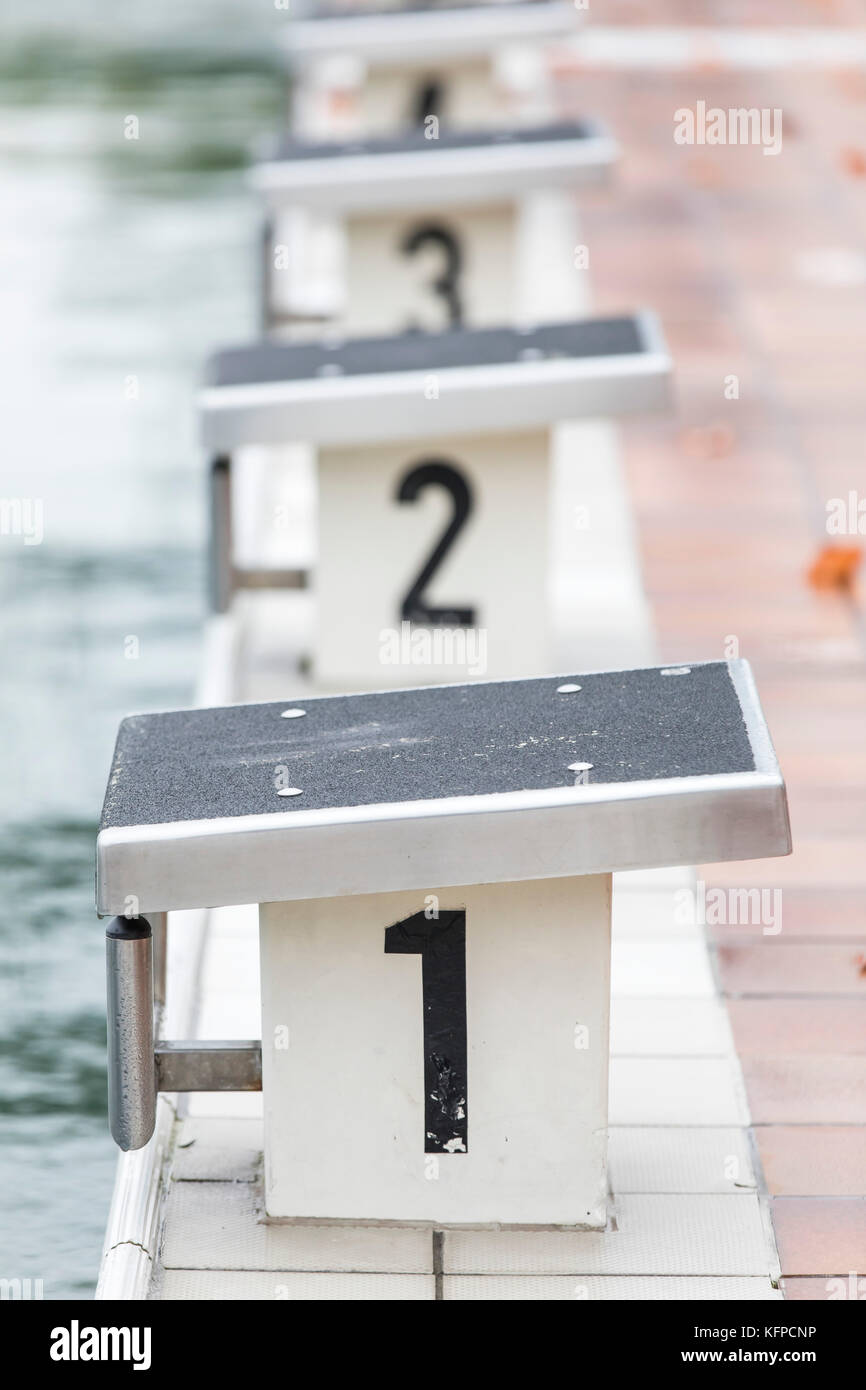 Public swimming pool, closed for the season, in fall, starting block ...