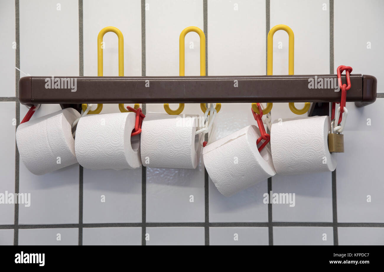 Toilet paper rolls, locked to a wardrobe, public swimming pool, Stock Photo