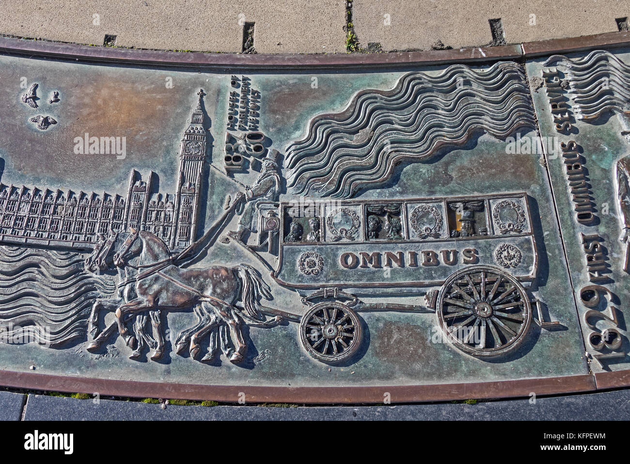 City of London  A relief panel on the base of the Tower Hill sundial illustrating the formation in 1829 of the first London omnibus service Stock Photo