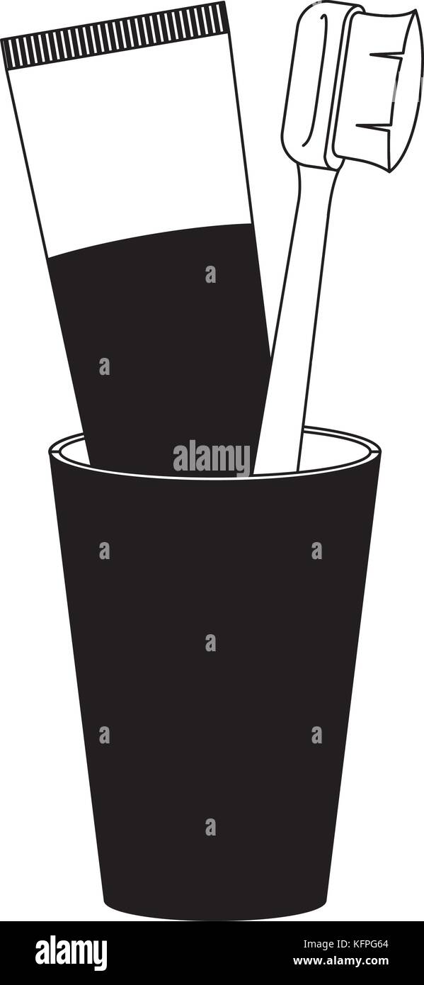 glass with tube toothpaste and toothbrush in black silhouette Stock ...